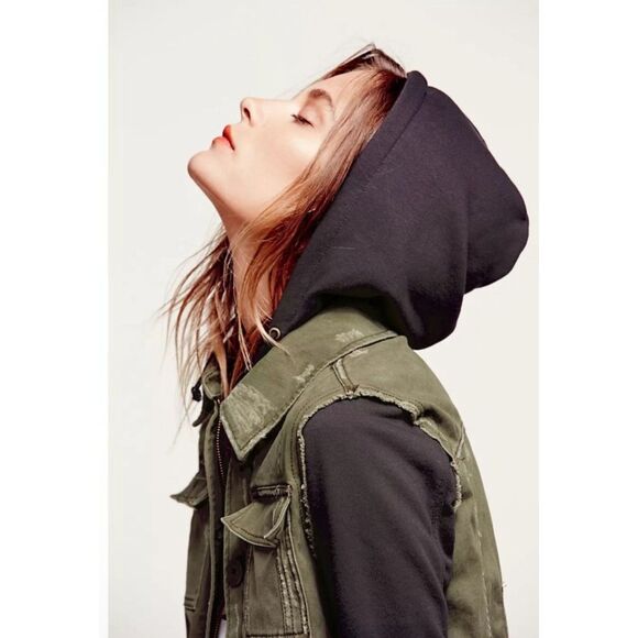 Free People Distressed Hooded Twill Utility Jacket Sz M Army Green Cargo Skater - Picture 7 of 12